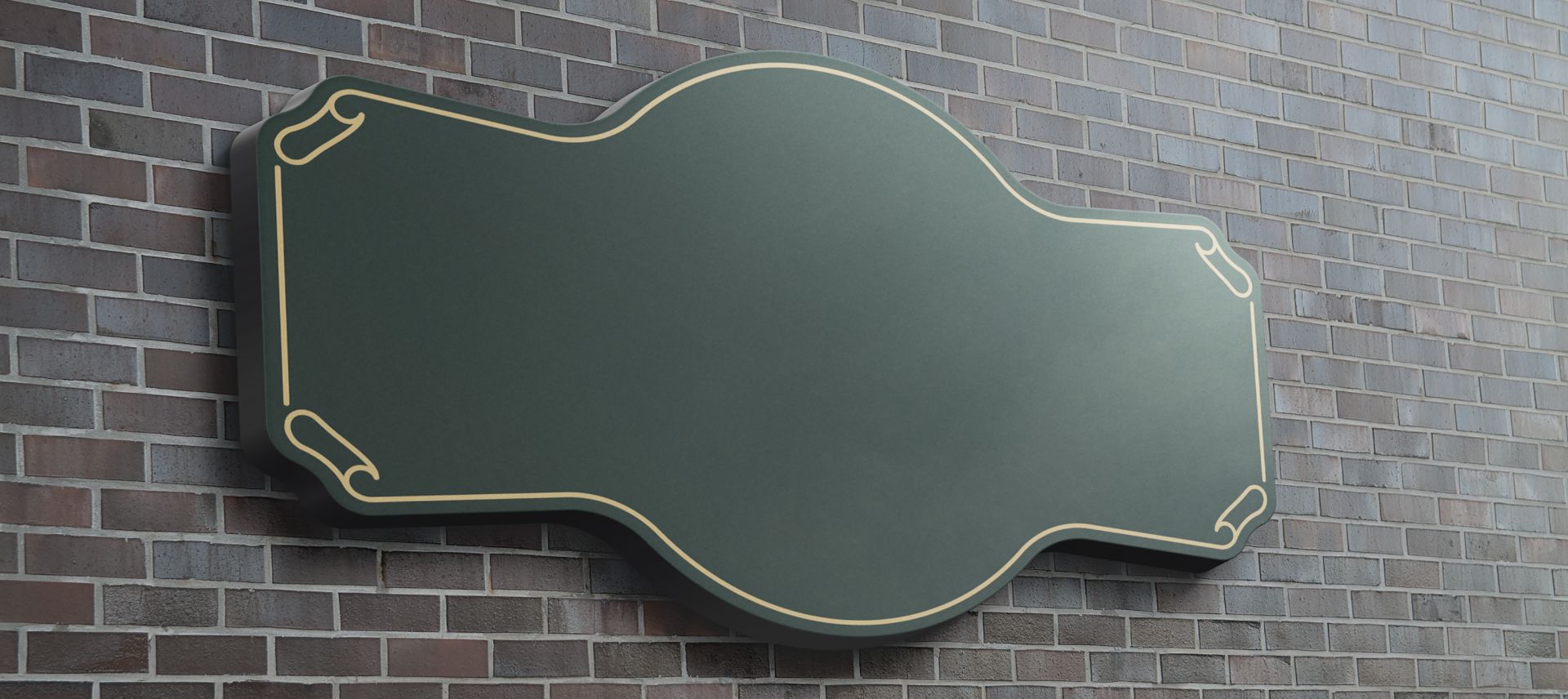 A green sign hanging on the side of a brick wall.
